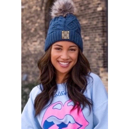 Upcycled GG Steel Blue/Tan Pom Beanie