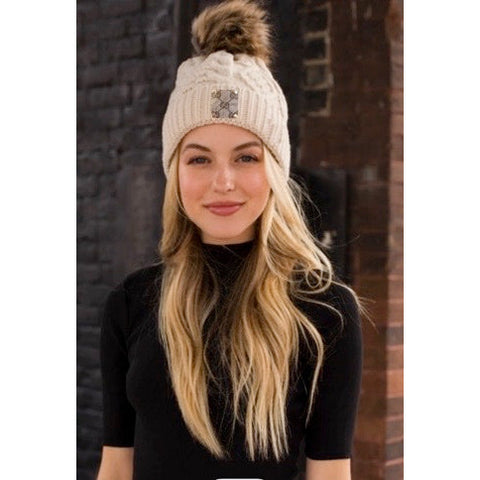 Upcycled GG Cream/Tan Pom Cable Knit Beanie