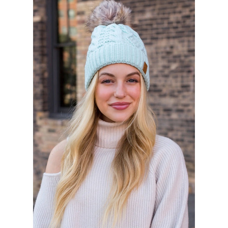 Mint Beanie- Tan Pom