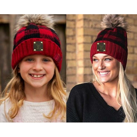 Upcycled Mommy & Me Red Buffalo Plaid Beanie Set