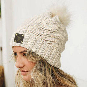 Upcycled Cream Knit Beanie with Sherpa Lining