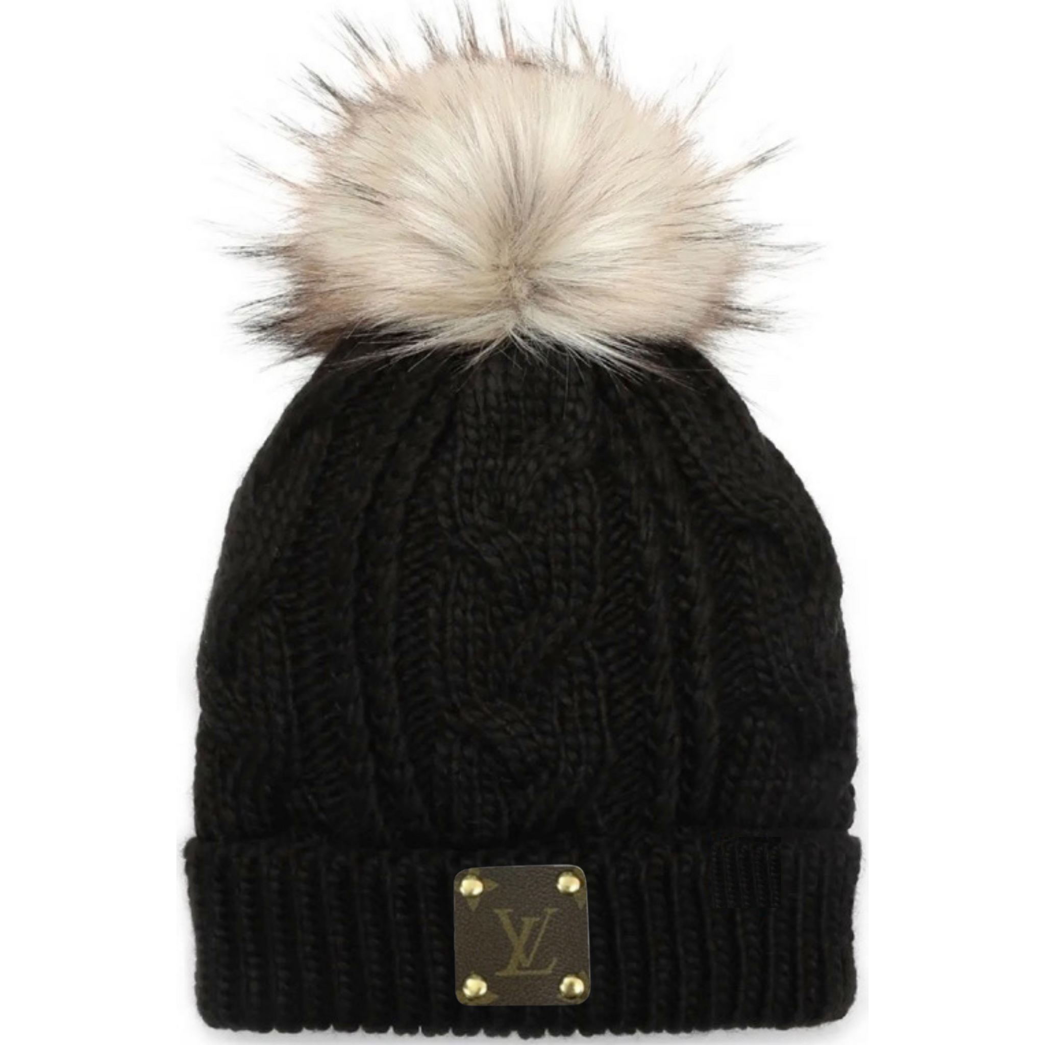 Upcycled Black/Tan Pom Beanie with Sherpa Lining